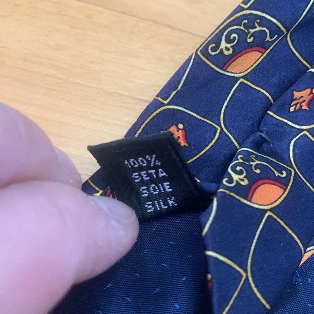 Luca D'Altieri 100% Silk Made in Italy Tie Navy Gold Orange Fleur De Lis EUC 58" - Picture 5 of 9